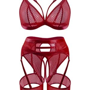 popiv 4 Piece Garter Lingerie for Women, Sexy Cutout Lingerie, Mesh Matching Lingerie Set Burgundy