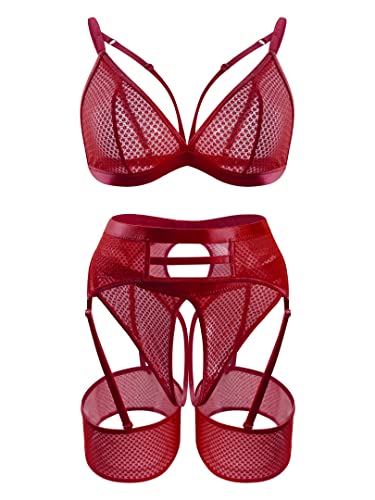 popiv 4 Piece Garter Lingerie for Women, Sexy Cutout Lingerie, Mesh Matching Lingerie Set Burgundy