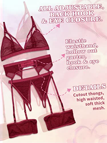 popiv 4 Piece Garter Lingerie for Women, Sexy Cutout Lingerie, Mesh Matching Lingerie Set Burgundy