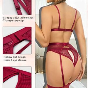 popiv 4 Piece Garter Lingerie for Women, Sexy Cutout Lingerie, Mesh Matching Lingerie Set Burgundy