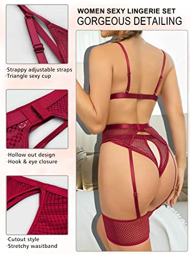 popiv 4 Piece Garter Lingerie for Women, Sexy Cutout Lingerie, Mesh Matching Lingerie Set Burgundy