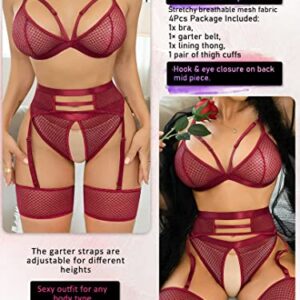 popiv 4 Piece Garter Lingerie for Women, Sexy Cutout Lingerie, Mesh Matching Lingerie Set Burgundy