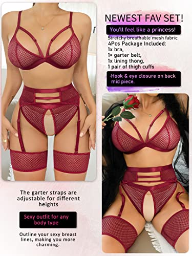 popiv 4 Piece Garter Lingerie for Women, Sexy Cutout Lingerie, Mesh Matching Lingerie Set Burgundy