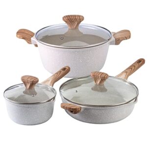 country kitchen nonstick cookware sets - 6 piece nonstick cast aluminum pots and pans with bakelite handles - non-toxic pots with glass lids - speckled cream with light wood handles