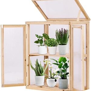 Wooden Cold Frame Greenhouse 2-Tier Garden Mini Nursery Vented Planter Wood Portable Flower Cabinet Front Top Opening Home Decor Indoor Backyard Outdoor 22X14X29