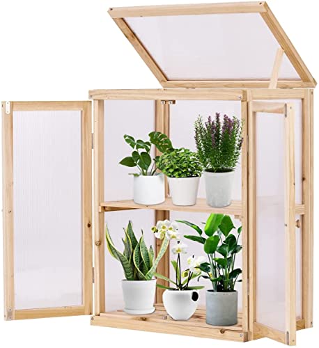 Wooden Cold Frame Greenhouse 2-Tier Garden Mini Nursery Vented Planter Wood Portable Flower Cabinet Front Top Opening Home Decor Indoor Backyard Outdoor 22X14X29