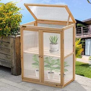 Wooden Cold Frame Greenhouse 2-Tier Garden Mini Nursery Vented Planter Wood Portable Flower Cabinet Front Top Opening Home Decor Indoor Backyard Outdoor 22X14X29