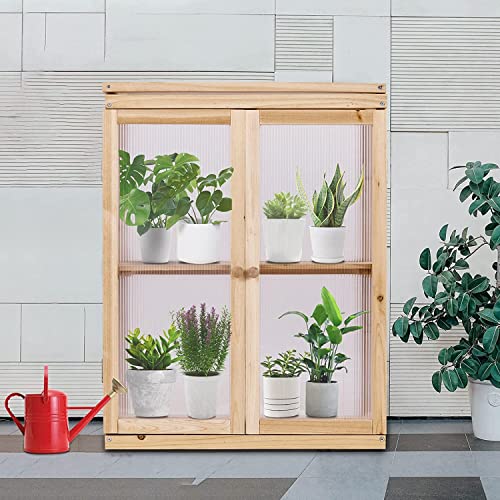 Wooden Cold Frame Greenhouse 2-Tier Garden Mini Nursery Vented Planter Wood Portable Flower Cabinet Front Top Opening Home Decor Indoor Backyard Outdoor 22X14X29