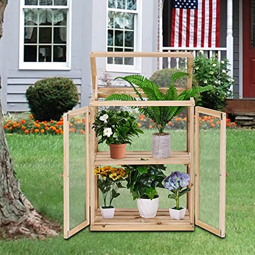 Wooden Cold Frame Greenhouse 2-Tier Garden Mini Nursery Vented Planter Wood Portable Flower Cabinet Front Top Opening Home Decor Indoor Backyard Outdoor 22X14X29