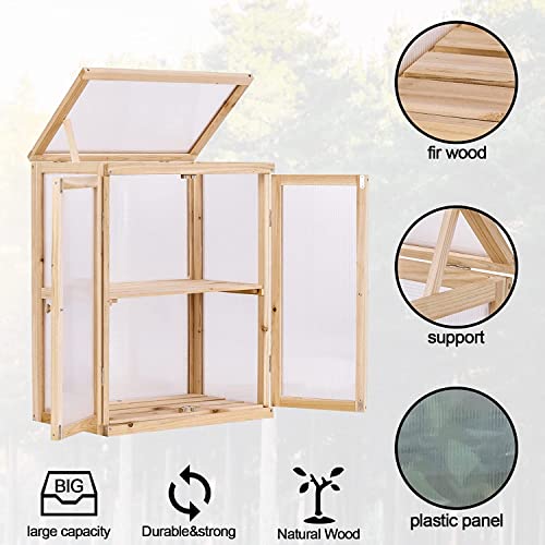 Wooden Cold Frame Greenhouse 2-Tier Garden Mini Nursery Vented Planter Wood Portable Flower Cabinet Front Top Opening Home Decor Indoor Backyard Outdoor 22X14X29