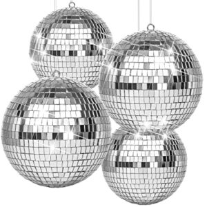 chengu 4 pack large disco ball silver hanging reflective mirror ball ornament for party holiday wedding dance and music festivals decor club stage props dj decoration (6 inch, 4 inch)