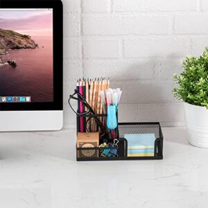 Yunqing Black Mesh Pen Holder - Multipurpose Mesh Desk Organizers Large Capacity Office Supplies with Sticky Notes Holder and 3 Compartments 4 Non-slip Mats Easy Storage Suitable for School, Home