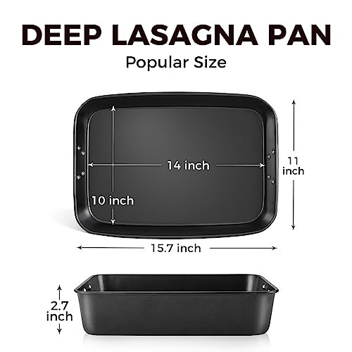 HONGBAKE Lasagna Pan 3 Inch Deep, 15x10" Baking Pan for Oven, Nonstick Cake Baking Dish for Brownie, Roasting Pans with Stainless Steel Handles, Heavy Duty, Dishwasher Safe, Dark Grey