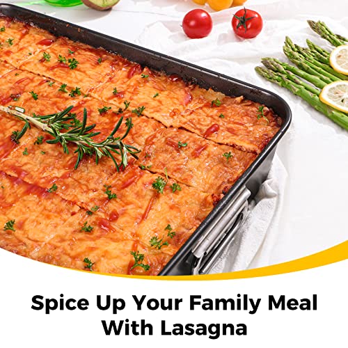 HONGBAKE Lasagna Pan 3 Inch Deep, 15x10" Baking Pan for Oven, Nonstick Cake Baking Dish for Brownie, Roasting Pans with Stainless Steel Handles, Heavy Duty, Dishwasher Safe, Dark Grey