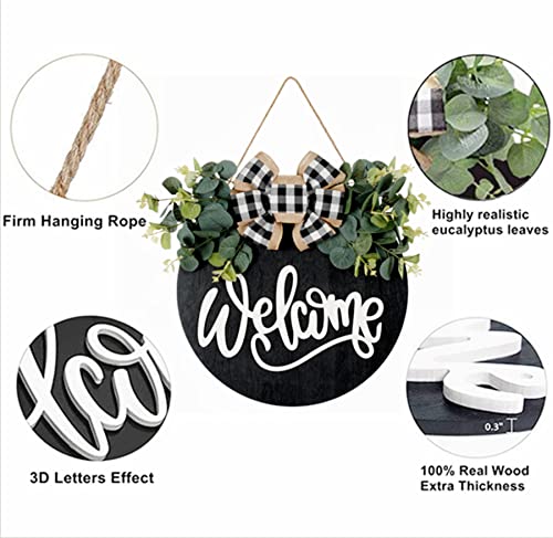 Welcome Sign for Front Door Porch Decor Farmhouse Wreath Wall Decor Φ30cm Round Wooden Hanging Housewarming Home Decor for Home Outdoor Indoor (Black)
