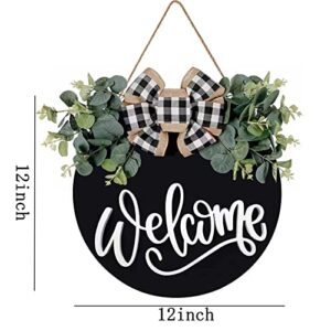 Welcome Sign for Front Door Porch Decor Farmhouse Wreath Wall Decor Φ30cm Round Wooden Hanging Housewarming Home Decor for Home Outdoor Indoor (Black)