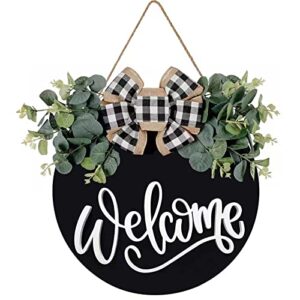 welcome sign for front door porch decor farmhouse wreath wall decor Φ30cm round wooden hanging housewarming home decor for home outdoor indoor (black)