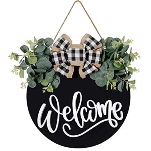 Welcome Sign for Front Door Porch Decor Farmhouse Wreath Wall Decor Φ30cm Round Wooden Hanging Housewarming Home Decor for Home Outdoor Indoor (Black)