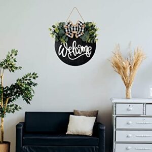 Welcome Sign for Front Door Porch Decor Farmhouse Wreath Wall Decor Φ30cm Round Wooden Hanging Housewarming Home Decor for Home Outdoor Indoor (Black)