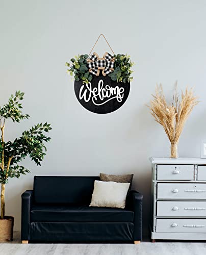 Welcome Sign for Front Door Porch Decor Farmhouse Wreath Wall Decor Φ30cm Round Wooden Hanging Housewarming Home Decor for Home Outdoor Indoor (Black)