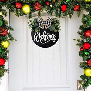 Welcome Sign for Front Door Porch Decor Farmhouse Wreath Wall Decor Φ30cm Round Wooden Hanging Housewarming Home Decor for Home Outdoor Indoor (Black)