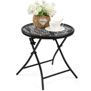 teokj folding outdoor side tables, anti rust small patio table round metal end table with flower cutouts for porch yard balcony deck lawn, black