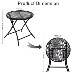 TeoKJ Folding Outdoor Side Tables, Anti Rust Small Patio Table Round Metal End Table with Flower Cutouts for Porch Yard Balcony Deck Lawn, Black