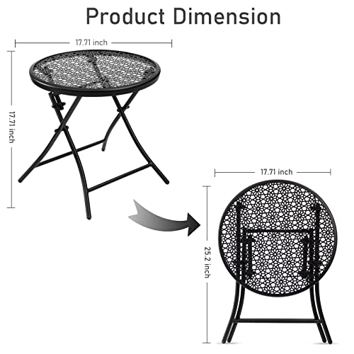 TeoKJ Folding Outdoor Side Tables, Anti Rust Small Patio Table Round Metal End Table with Flower Cutouts for Porch Yard Balcony Deck Lawn, Black