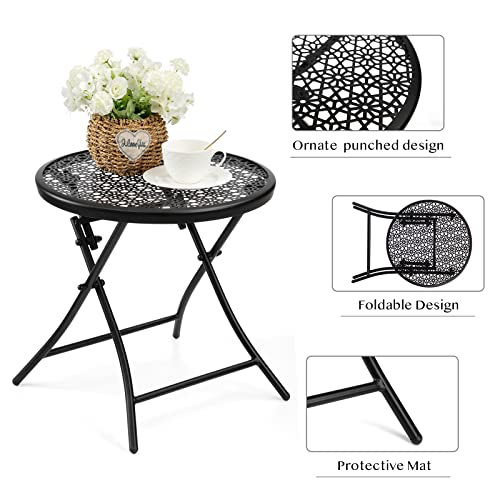 TeoKJ Folding Outdoor Side Tables, Anti Rust Small Patio Table Round Metal End Table with Flower Cutouts for Porch Yard Balcony Deck Lawn, Black