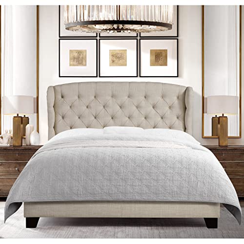 Rosevera Torrey Wingback Platform Tufted Headboard Adjustable Height Fabric Upholstered Bed Frame/Wood Slat Support/Easy Assembly, King, Linen Beige