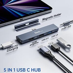 iPad Pro USB C Hub Multiport Adapter - Dockteck USBC Hub 5 in 1 with 100W PD, 4K 60Hz HDMI, Audio, USB 3.0, USB C Dock with Magnetic Grip for iPad Pro 12.9 2021 2020 2018, iPad Air, iPad Mini 6