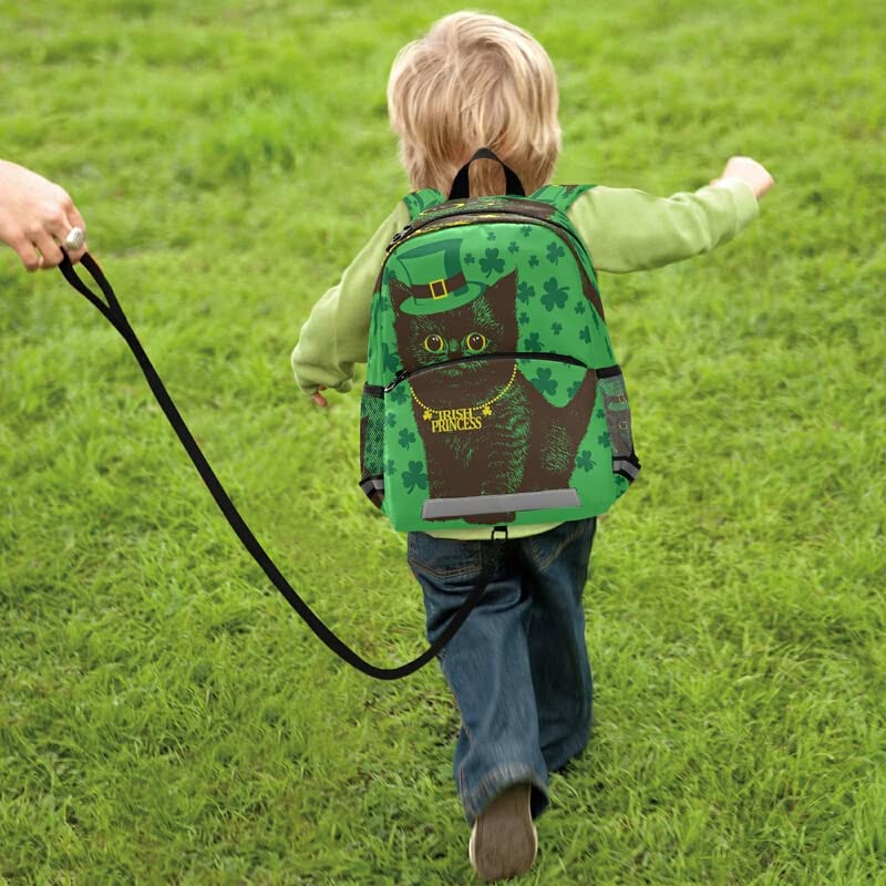 QUGRL Black Kitten Leprechaun Toddler Backpack Kids Saint Patricks Day Kindergarten Schoolbag Preschool Nursery Travel Bag with Safety Leash Harness for Baby Boys Girls 3-8 Years