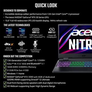 Acer Nitro 5 AN515-58-527S Gaming Laptop | Intel Core i5-12500H | NVIDIA GeForce RTX 3060 Laptop GPU | 15.6" FHD 144Hz IPS Display | 16GB DDR4 | 512GB PCIe Gen 4 SSD | Killer Wi-Fi 6 | RGB Keyboard