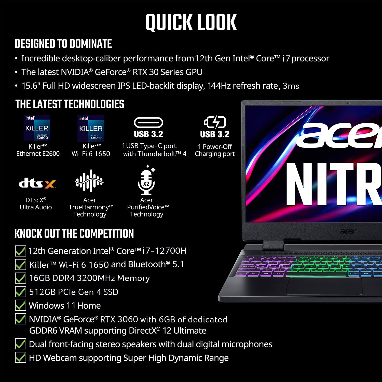Acer Nitro 5 AN515-58-725A Gaming Laptop | Intel Core i7-12700H | NVIDIA GeForce RTX 3060 GPU | 15.6" FHD 144Hz 3ms IPS Display | 16GB DDR4 | 512GB Gen 4 SSD | Killer Wi-Fi 6 | RGB Keyboard