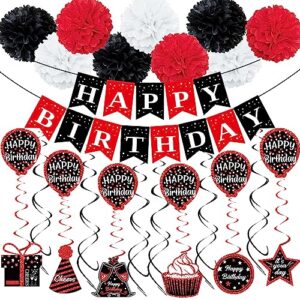 birthday decorations red black, happy birthday party decorations for men women boys girls (48pack), happy birthday banner gifts, double-sided pattern card, 9 pompoms, hanging swirl bday decor supplies