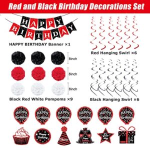 Birthday Decorations Red Black, Happy Birthday Party Decorations for Men Women Boys Girls (48pack), Happy Birthday Banner Gifts, Double-Sided Pattern Card, 9 Pompoms, Hanging Swirl Bday Decor Supplies