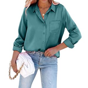 pausus collared satin shirt womens casual long sleeve button-up collared silk blouse with pocket(peacock blue,s)