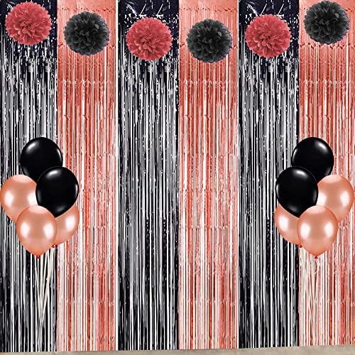 Rose Gold and Black Birthday Decorations, Black Rose Gold Party Supplies Foil Fringe Curtains Photo Backdrop for Graduation Wedding Bachelorette Birthday Party Decorations (3 Pack)