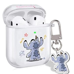 cute stitch case for airpods 1&2 clear with kawaii keychain for women girls kids lovely anime dog design protective skin slim soft silicone tpu airpod cover for airpods 2nd &1st generation