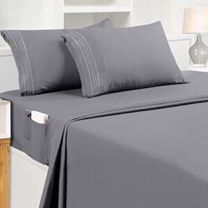 utopia bedding california king sheet set – soft microfiber 4 piece luxury bed sheets with deep pockets - embroidered pillow cases - side storage pocket fitted sheet - flat sheet (grey)