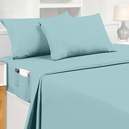 Utopia Bedding Full Sheet Set – Soft Microfiber 4 Piece Luxury Bed Sheets with Deep Pockets - Embroidered Pillow Cases - Side Storage Pocket Fitted Sheet - Flat Sheet (Spa Blue)