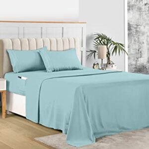 Utopia Bedding Full Sheet Set – Soft Microfiber 4 Piece Luxury Bed Sheets with Deep Pockets - Embroidered Pillow Cases - Side Storage Pocket Fitted Sheet - Flat Sheet (Spa Blue)