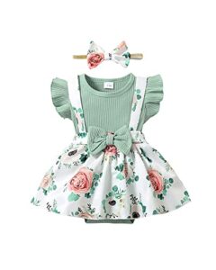 highuzza baby girl clothes 3-6 months newborn romper summer dress infant outfits fly sleeve floral clothing suspender headband overall skirt set green