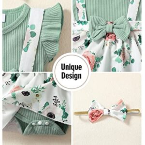 HIGHUZZA Baby Girl Clothes 3-6 Months Newborn Romper Summer Dress Infant Outfits Fly Sleeve Floral Clothing Suspender Headband Overall Skirt Set Green