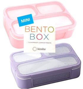 kinsho kids snack container - mini bento lunch-box, small leakproof container boxes for toddlers girls snacks lunches, 3 compartment - school daycare portion containers, pink purple glitter set of 2