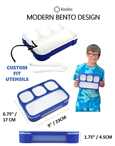 Bento Lunch Box for Kids Boys Adults, School Lunch-Box 4 Leakproof Compartments Snack Container with Utensils, Blue