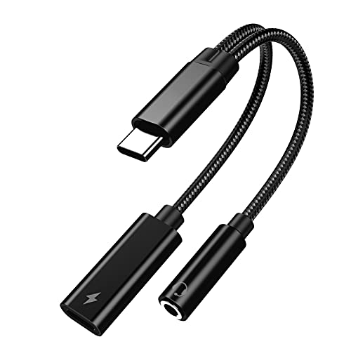 Type C to 3.5mm Headphone and Charger Adapter, 2 in 1 USB C to Aux Audio Jack Hi-Res DAC with PD 60W Fast Charging Dongle Cable Compatible with Pixel 4 3 XL, Galaxy S21 S20 S20+ Plus Note 20 (Black)