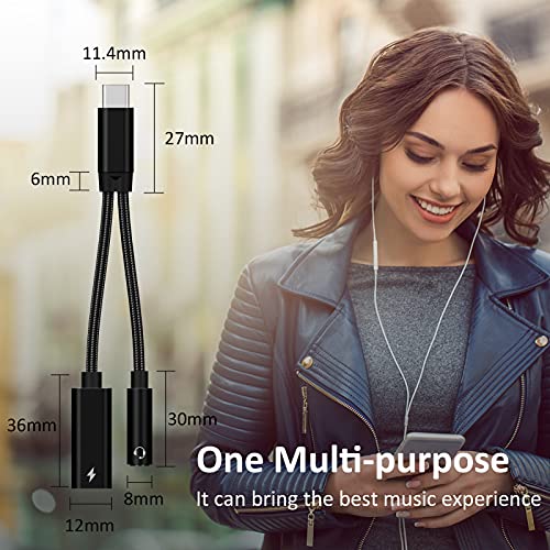 Type C to 3.5mm Headphone and Charger Adapter, 2 in 1 USB C to Aux Audio Jack Hi-Res DAC with PD 60W Fast Charging Dongle Cable Compatible with Pixel 4 3 XL, Galaxy S21 S20 S20+ Plus Note 20 (Black)