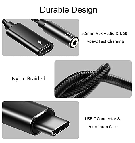 Type C to 3.5mm Headphone and Charger Adapter, 2 in 1 USB C to Aux Audio Jack Hi-Res DAC with PD 60W Fast Charging Dongle Cable Compatible with Pixel 4 3 XL, Galaxy S21 S20 S20+ Plus Note 20 (Black)