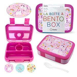 bento lunch box kids toddlers: leakproof lunch containers for boys & girls with 4 compartments - school, daycare, pre-school, snack container with lid utensil, bpa-free boxes, age 3+, pink unicorn